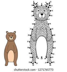 Connect the dots and draw a cute bear. Numbers game for children. Vector illustration