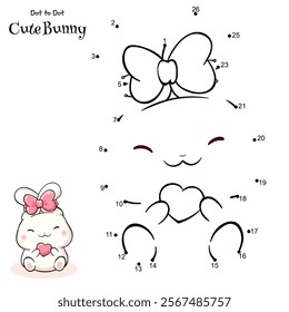 Connect The Dots and Draw Cute Bunny. Dot to dot puzzle with cartoon little baby rabbit with bow. Educational Game for Kids. Drawing for Preschool children. Vector Illustration EPS8