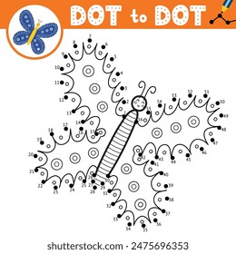 Connect the dots and draw a cute butterfly. Dot to dot game for kids. Funny insect puzzle activity page. Vector illustration
