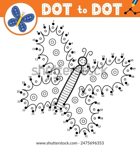 Connect the dots and draw a cute butterfly. Dot to dot game for kids. Funny insect puzzle activity page. Vector illustration