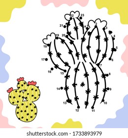 Connect the dots and draw a cute cactus. Dot to dot game for kids. Drawing training exercise worksheet. Vector illustration 
