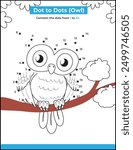 Connect The Dots and Draw Cute Cartoon Owl. coloring page. Activity worksheet.