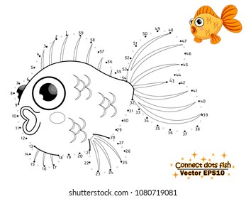 Connect The Dots Draw The Cute Cartoon Fish And Color. Educational Game For Kids. Vector Illustration. Children And Educational