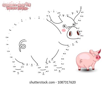 Connect The Dots Draw Cute Cartoon Pig and Color. Educational Game for Kids. Vector Illustration