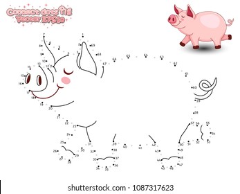 Connect The Dots Draw Cute Cartoon Pig and Color. Educational Game for Kids. Vector Illustration