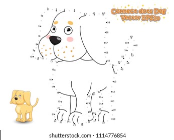 Connect The Dots and Draw Cute Cartoon Dog Puppy Labrador. Educational Game for Kids. Vector Illustration.