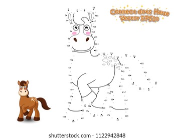 Connect The Dots and Draw Cute Cartoon Horse. Educational Game for Kids. Vector Illustration.