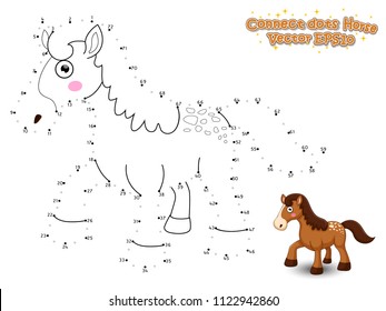 Connect The Dots and Draw Cute Cartoon Horse. Educational Game for Kids. Vector Illustration.