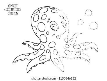 Connect The Dots and Draw Cute Cartoon. Education dot to dot game for children. Animals Coloring page. Coloring book outline of cartoon. Kids drawing. Lessons for a child. Octopus outline