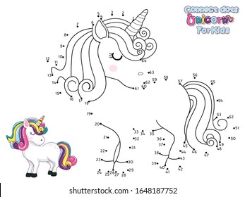 Connect The Dots And Draw Cute Cartoon Unicorn. Educational Game For Kids. Vector Illustration With Cartoon Animal Characters