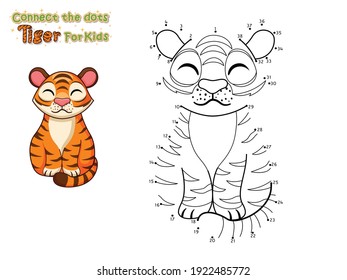 Conecte los puntos y dibuje el tigre tierno. Artesanías y hojas de cálculo para niños. Ilustración vectorial. Cartas de aprendizaje para niños pequeños, preescolares, jardines de infancia