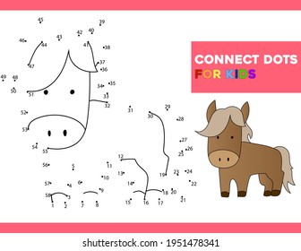 Conecte los puntos y Dibuje un pony de dibujos animados. Juego educativo para niños. Ilustración vectorial con personajes de animales de dibujos animados