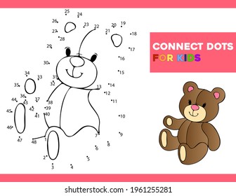 Connect The Dots and Draw Cute Cartoon teddy bear. Educational Game for Kids. Vector Illustration With Cartoon Animal Characters