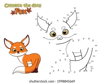 Connect The Dots and Draw Cute Cartoon Fox. Educational Game for Kids. Vector Illustration With Cartoon Animal Characters.Crafts and worksheets for kid