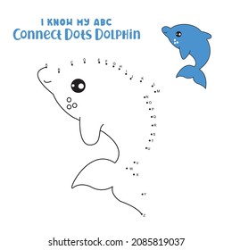 Connect The Dots and Draw Cute Cartoon Dolphin. Educational Game for Kids. Vector Illustration.