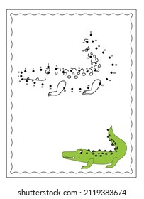 Connect The Dots and Draw Cute Cartoon Crocodile. Educational Game for Kids. Vector Illustration.