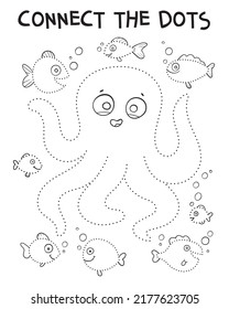 Connect the dots and draw cute cartoon octopus. Dot to dot. Draw a line. Handwriting practice. Learning numbers for kids. Education developing worksheet. Game for toddler. Isolated vector illustration