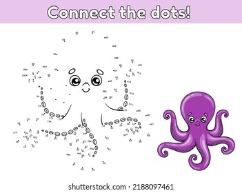 Conecte los puntos y dibuje un bonito pulpo de dibujos animados. Hojas de trabajo para niños. Juego educativo para niños pequeños, preescolares, kindergarten. Ilustración vectorial.