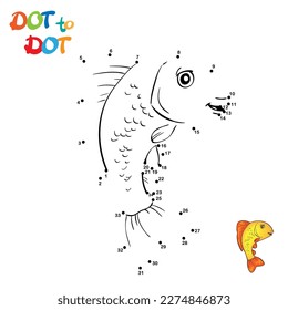 Connect The Dots and Draw Cute Cartoon fish. Educational Game for Kids. Vector Illustration.