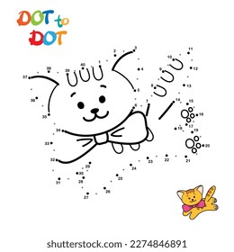 Connect The Dots and Draw Cute Cartoon Cat. Educational Game for Kids. Vector Illustration.