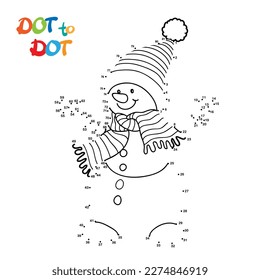 Conecte los puntos y Dibuje un muñeco de nieve de dibujos animados. Juego educativo para niños. Ilustración vectorial.