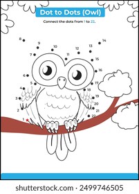 Connect The Dots and Draw Cute Cartoon Owl. coloring page. Activity worksheet.