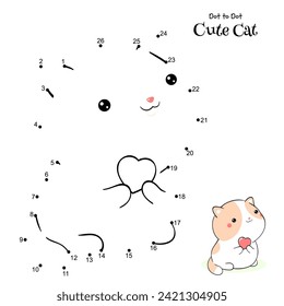 Connect The Dots and Draw Cute Cat. Dot to dot puzzle - cartoon little kitty with heart. Educational Game for Kids. Drawing for Preschool children. Vector Illustration EPS8