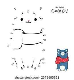Connect The Dots and Draw Cute Cat. Dot to dot puzzle - cartoon little kitty. Educational Game for Kids. Drawing for Preschool children. Vector Illustration EPS8