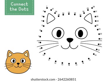 Connect the dots and draw a cute cat face. Dot to dot game for kids. Funny feline character puzzle activity page. Vector illustration