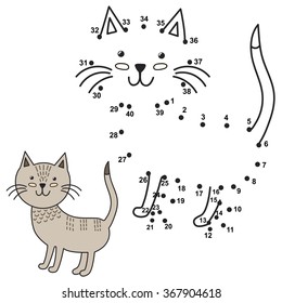 Connect The Dots To Draw The Cute Cat And Color It. Educational Numbers And Coloring Game For Children. Vector Illustration