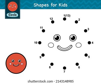 Connect the dots and draw a cute circle. Dot to dot number game for kids. Learning shapes activity page for preschool. Puzzle template for children. Vector illustration