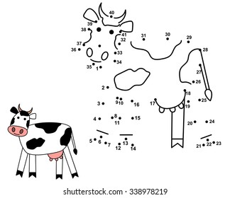 Connect the dots to draw the cute cow. Educational numbers game for children. Vector illustration