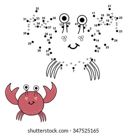 Connect the dots to draw the cute crab and color it. Educational numbers and coloring game for children. Vector illustration