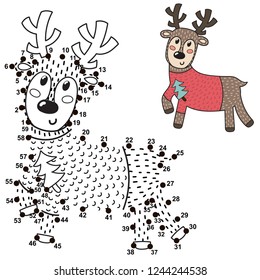 Connect the dots and draw a cute deer. Numbers game for children. Vector illustration