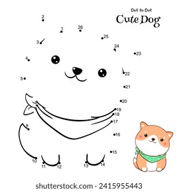 Conecte los puntos y Dibuje Perro Cuto. Rompecabezas punto a punto con el pequeño perrito shiba inu. Juego educativo para niños. Dibujo para niños de preescolar. Vector Illustración EPS8