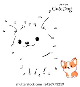 Connect The Dots and Draw Cute Dog. Dot to dot puzzle with cartoon little corgi puppy. Educational Game for Kids. Drawing for Preschool children. Vector Illustration EPS8