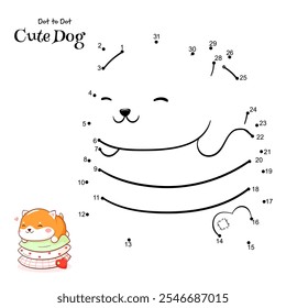 Conecta los puntos y dibuja un perro lindo. Punto a punto rompecabezas con dibujos animados pequeño cachorro shiba inu. Juego educativo para niños. Dibujo para niños en edad preescolar. Ilustración vectorial EPS8