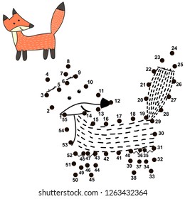Connect the dots and draw a cute fox. Numbers game for children. Vector illustration