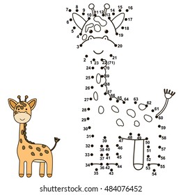 Connect The Dots To Draw A Cute Giraffe And Color It. Educational Numbers And Coloring Game For Children. Vector Illustration