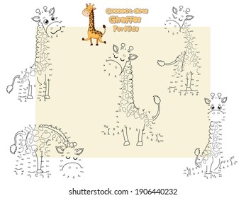 Connect The Dots and Draw Cute Girffes Cartoon Set. Educational Game for Kids. Vector Illustration Happy Animal