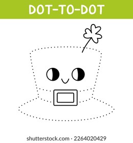 Connect the dots and draw cute hat with clover. St. Patrick's Day coloring book. Printable worksheet with solution for school and preschool. Educational game for kids.