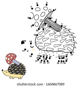 Connect the dots and draw a cute hedgehog carrying a mushroom on its back. Numbers game for kids. Preschool and school activity template. Vector illustration