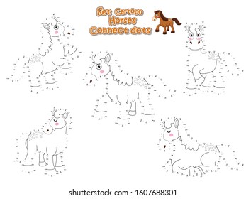 Connect The Dots and Draw Cute Horses Cartoon Set. Educational Game for Kids. Vector Illustration Animal Frame