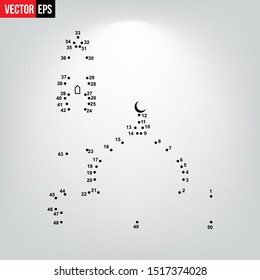 Connect The Dots and Draw Cute islamic mosque. Educational Game for Kids. Vector Illustration.