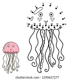 Connect the dots and draw a cute jellyfish. Numbers game for children. Vector illustration