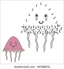 Connect the dots to draw the cute jellyfish and color it. Educational numbers and coloring game for children. Vector illustration