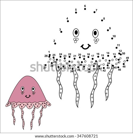 Connect the dots to draw the cute jellyfish and color it. Educational numbers and coloring game for children. Vector illustration