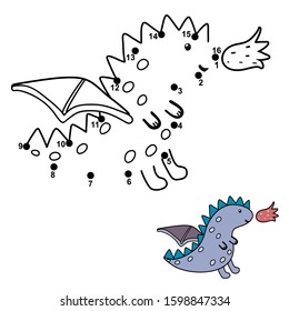 Connect the dots and draw a cute little dragon. Numbers game for kids. Drawing and coloring activity sheet. Vector illustration