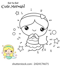 Conecte Los Puntos y Dibuje La Sirenita Cuta. Rompecabezas punto a punto con la pequeña sirena de dibujos animados. Juego educativo para niños. Dibujo para niños de preescolar.Ilustración vectorial EPS8