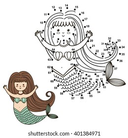 Connect The Dots To Draw The Cute Mermaid And Color It. Educational Numbers And Coloring Game For Children. Vector Illustration